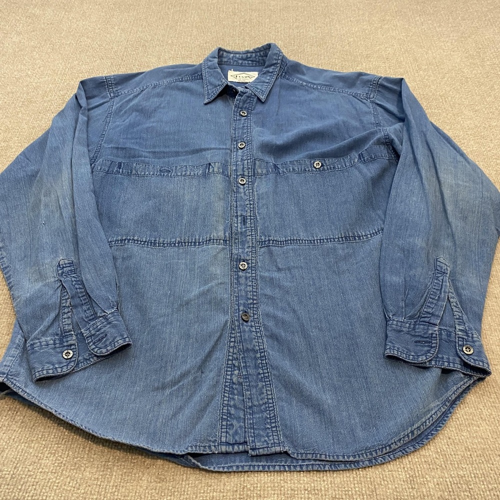 Vintage 80s Levis Shirt Mens Large Blue Denim Long Sleeve Button Front Hong Kong